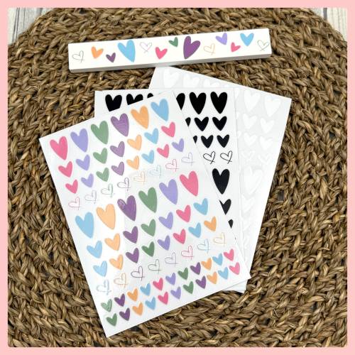 Rub-On I Rubon, RANDLOS, HERZCHEN, A6, schwarz, weiß, bunt, Rubon, Rub Ons, z.B. f. Raysin / Keraflott, Herz, Herzen
