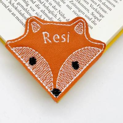 Fuchs Lesezeichen aus Kunstleder gestickt Personalisiert, Leseecke Geschenk für Kinder und Buchliebhaber