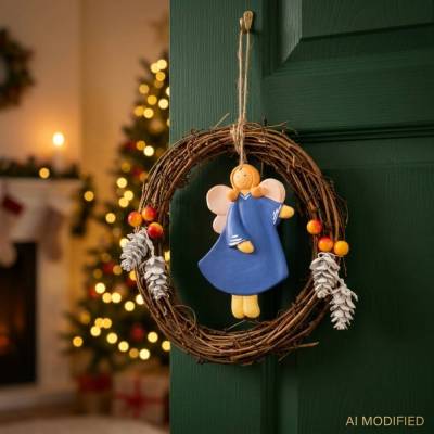 Weihnachten, Kranz mit Keramikengel, Dekoration, Weihnachtsdeko