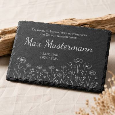 Personalisierte Schiefertafel mit Namen & Datum – Gedenktafel für Grab – Wetterfeste Grabdekoration – Blumenwiese