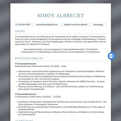 Lebenslauf Vorlage IT Systemadministrator – Word | IT-Administration, Server, Netzwerk & IT-Support