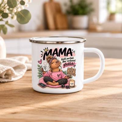 Emaille-Tasse Mama – Nicht perfekt, aber verdammt glücklich | Geschenk für Mama