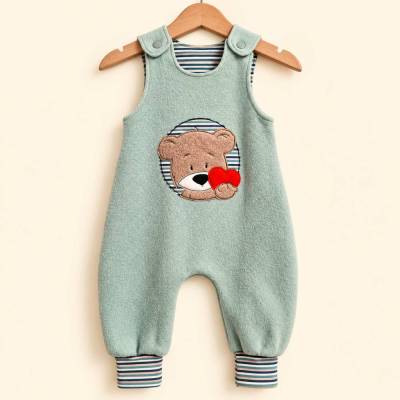 Kuschliger Winter Strampler Gr. 62 - Hellgrün/bunte Streifen - Bärchen Applikation, Geschenk zur Geburt, Baby, Reborn