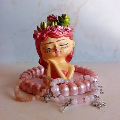 Geschenkset Sukkulenten Figur Rosalie & 2 Armbänder | Rosenquarz & Erdbeerquarz | Silber Charms