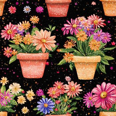 Baumwollstoff mit Blumen in Töpfen – florales Muster auf schwarzem Hintergrund