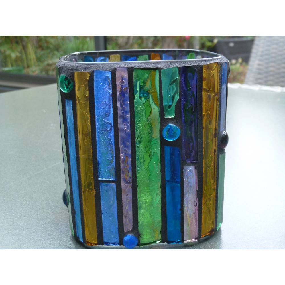 Windlicht Glas Mosaik bunt eckig Teelichthalter
