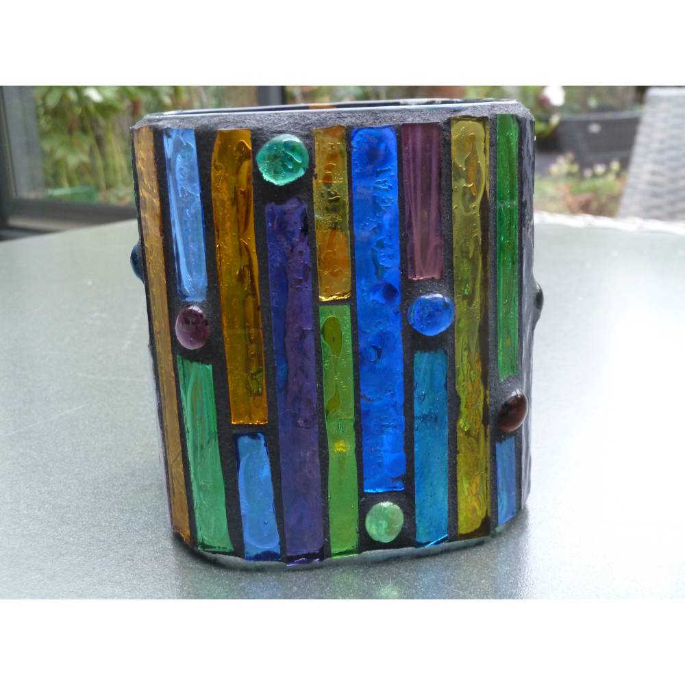 Windlicht Glas Mosaik bunt eckig Teelichthalter