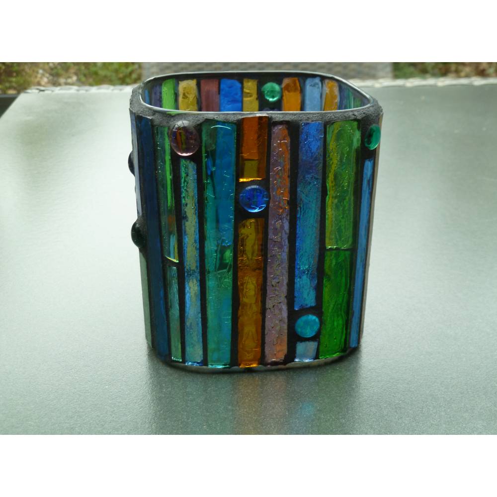 Windlicht Glas Mosaik bunt eckig Teelichthalter