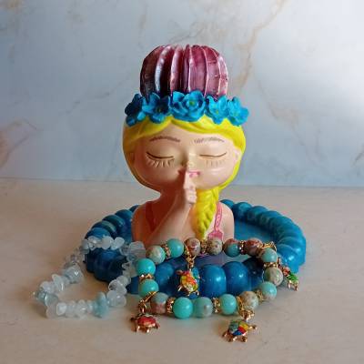 ​Geschenkset Kaktus Figur Fiona & 2 Armbänder | Schlangenhaut & Aquamarin | Schildkröte Türkis