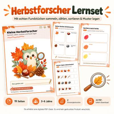 Herbst Kindergarten Lernspiel mit Naturmaterialien, Zählen Sortieren Muster, Schatzsuche, Vorschule Deutsch PDF
