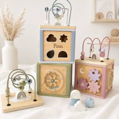Motorikwürfel personalisiert - Holzspielzeug ab 1 Jahr - Motorikspielzeug Baby - Geschenk zur Taufe