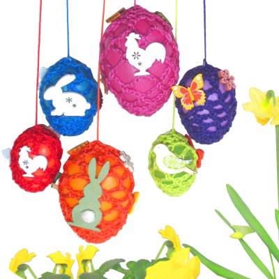 Ostereier zum Aufhängen – 6 Stück gehäkelt, bunt, handgemachte Osterdeko, verschiedene Größen
