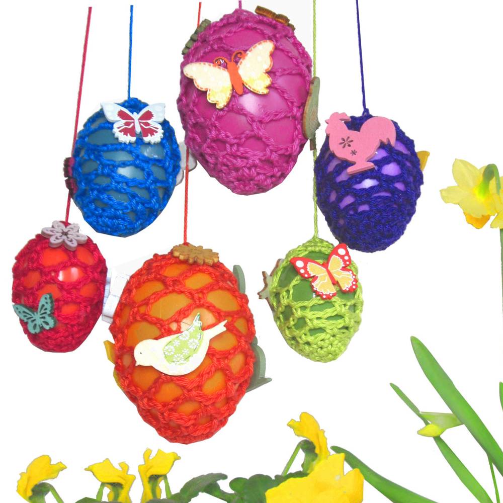 Ostereier zum Aufhängen – 6 Stück gehäkelt, bunt, handgemachte Osterdeko, verschiedene Größen