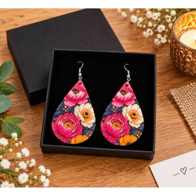 Ohrhänger aus Holz Ohrringe Tropfen mit Blumenmuster – Pfingstrosen pink orange, Boho Holzschmuck, Geschenk für Frauen