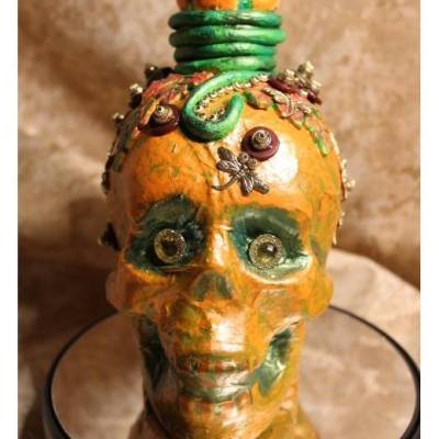 Totenkopf PUMPKIN-SKULL Acrylmalerei auf einer Glasflasche Gothic Steampunk Skull Schädel Halloweendeko Kürbis