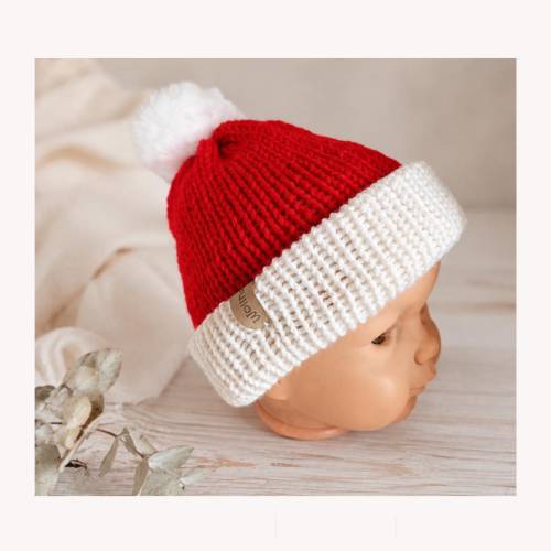 Babymütze Winter | Handgemachte Wintermütze Babys mit Kunstfellbommel | Geschenk Baby