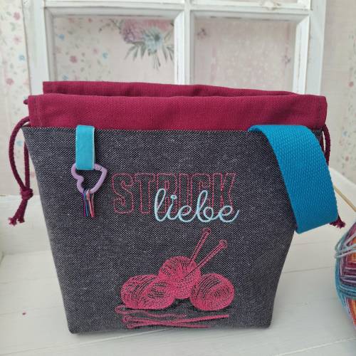 Handarbeitsbeutel mit Stickmotiv Strickliebe, Stoffbeutel, Zugbeutel, Projekttasche