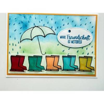 Freundschaftskarte "Wahre Freundschaft ist Wetterfest" Regenschirm Gummistiefel Handarbeit Stampin up