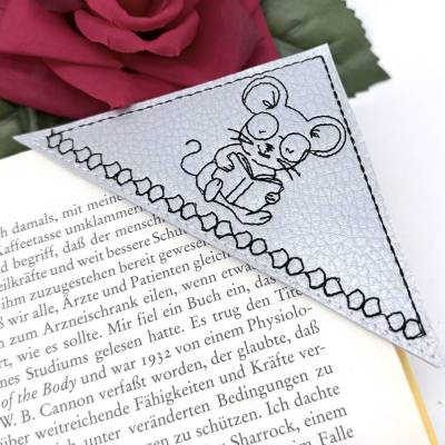 Eck Maus-Lesezeichen aus Kunstleder gestickt – Silber oder Weiß