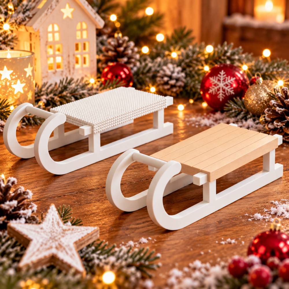 Winterschlitten mit Holz- & Strickoberteilen – Weihnachtliche Deko