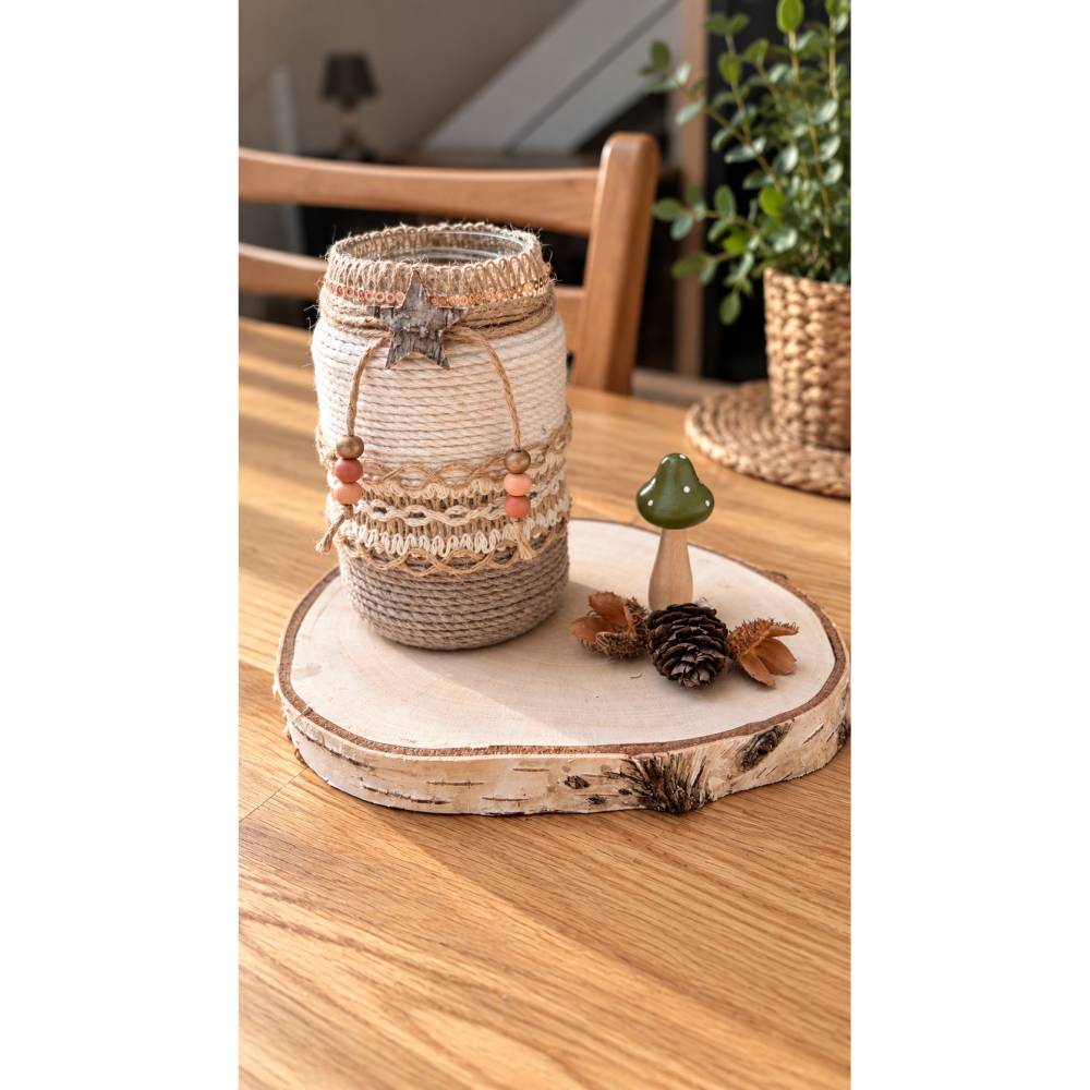 Handgefertigtes Windlicht im Boho-Stil | Glaswindlicht mit LED-Licht | Naturdeko | Tischdeko | Geschenkidee Bild 1