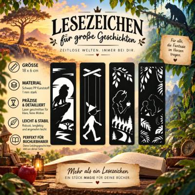 Lesezeichen Set inspiriert von klassischen Geschichten | Savanne, Holzpuppe, Wald-Apfel und Dschungel