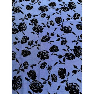 Stoff-Coupon (3,0 m x 1,48 m): Dunkelblauer Flockprint-Rosen-Stoff, weich fließend