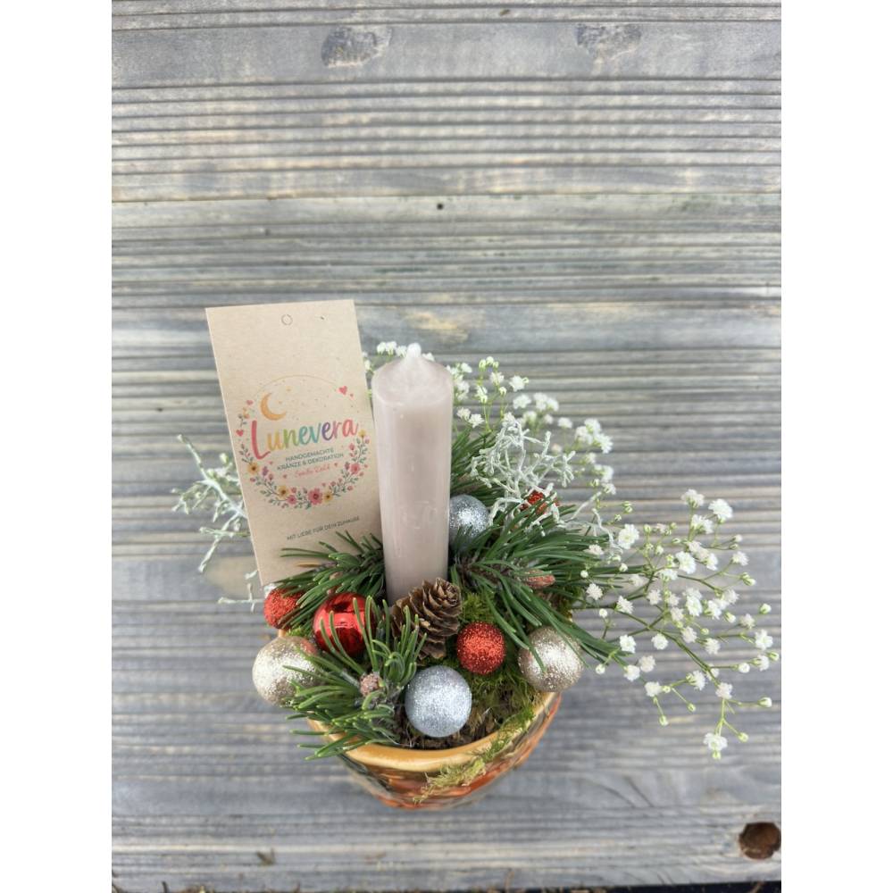 Kleines Weihnachtsgesteck im Keramiktopf mit Kerze I Mini Adventsgesteck handgemacht mit Tannengrün, Schleierkraut