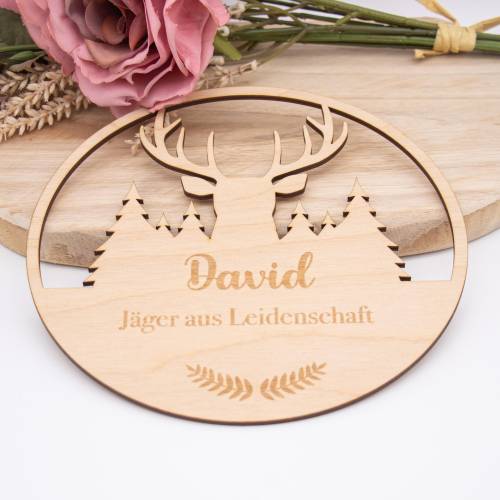 Holzschild „Jäger aus Leidenschaft“ mit Wunschname – Hirschmotiv