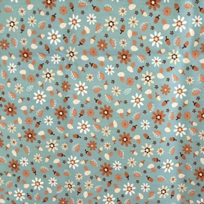 Baumwolle Blumen Eicheln Blätter Blau Beige Hellbraun Reststück 80 x 100 cm