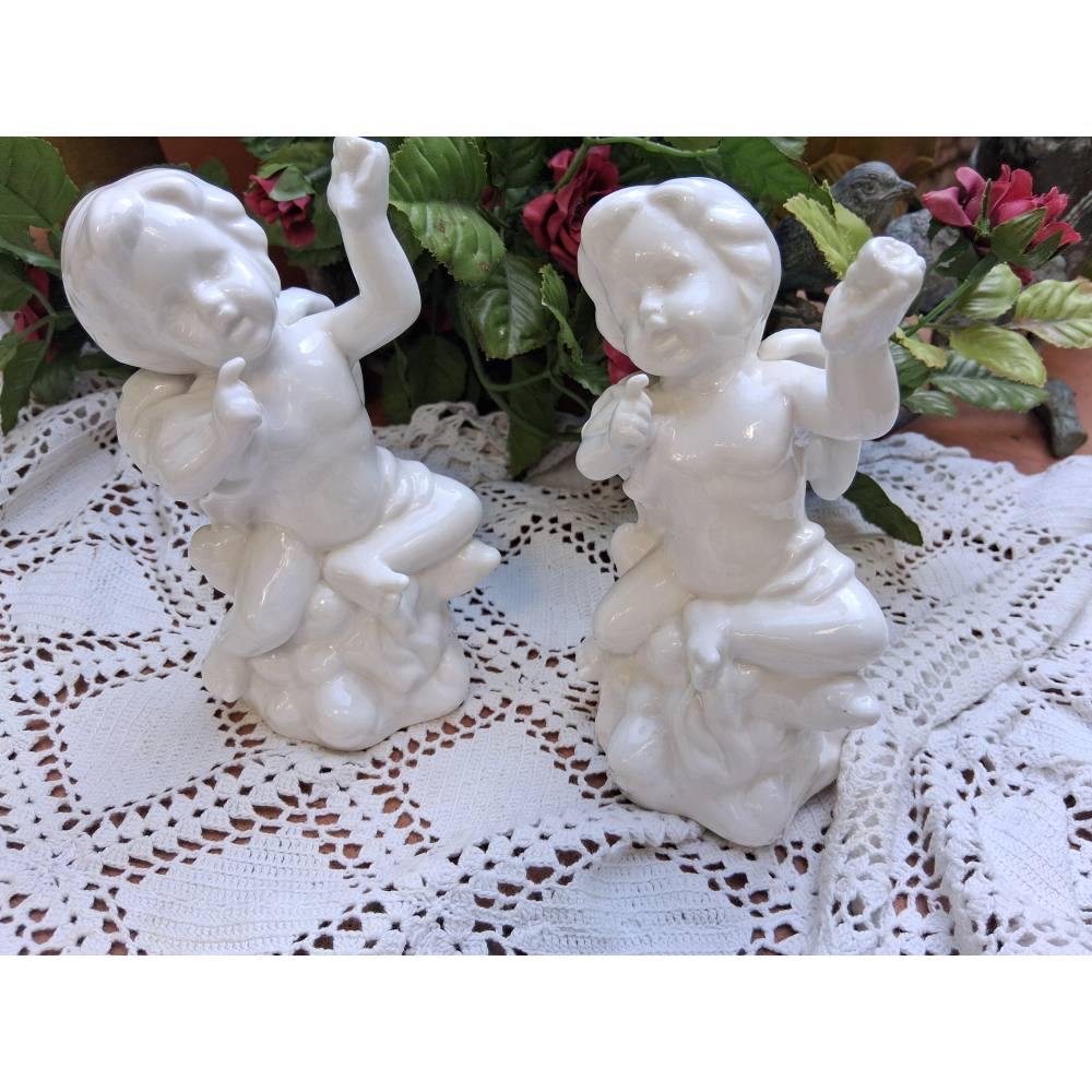 Vintage 2 Engel Weiß Porzellan Figur Statue Putte Weihnachtsdeko Tischdeko