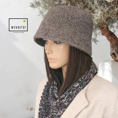 Bucket Hat, greige, Wolle, Alpaka, Eimerhut, Cloche Hut, gehäkelt, Mütze, Fischerhut, Strickmütze