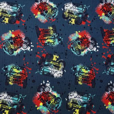 Jersey Digital Baumwolljersey Stoff Monster Trucks - Fahrzeuge jeansblau