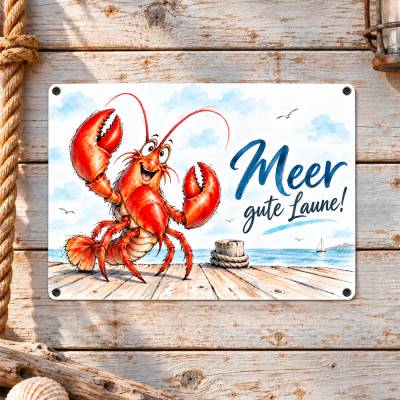 Maritimes Dekoschild 'Meer gute Laune!' mit Hummer | Aluminium, 28 x 20 cm