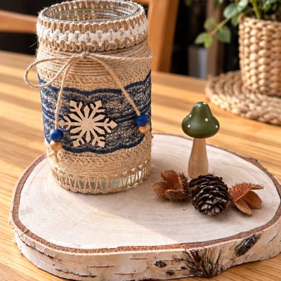 Handgefertigtes Windlicht im Boho-Stil | Glaswindlicht mit LED-Licht | Naturdeko | Tischdeko | Geschenkidee
