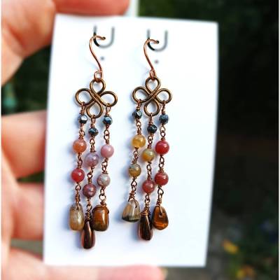 Ohrringe mitTigerauge und Achat an kupfer bronze handgemacht Herbst chic im wirework chandelier Ohrhänger