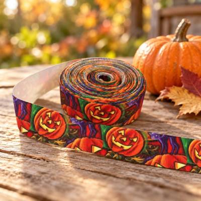 Ripsband Halloween • Kürbisse • 25 mm • Dekoband zum Nähen und Basteln • Meterware • Art.-Nr. 1182