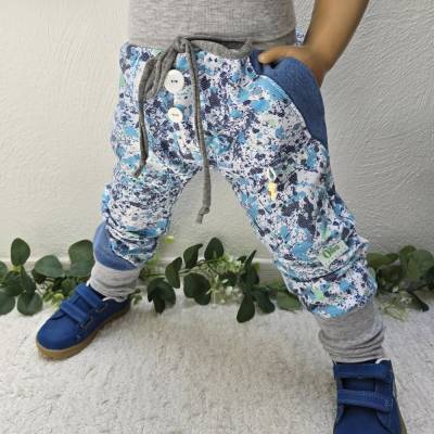 Handgemachte Jeans Pumphose Kinder Unikat Gr.92/98 – Denim Blau, Unisex & Mitwachsend