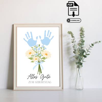 Personalisierbares Geschenk zum Geburtstag Blumenstrauß - Kinder Handabdruck Poster in DIN A4 - Sofortdownload PDF 