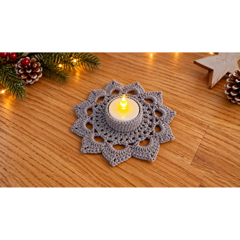 Handgefertigter Teelicht-Stern aus Baumwolle | Gehäkelter Stern | LED- Teelicht | Weihnachtsdeko