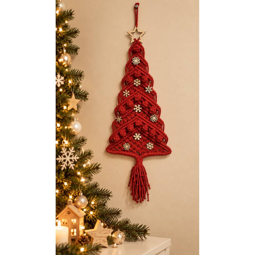 Makramee Weihnachtsbaum Rot Gold – Handgemachte Weihnachtsdeko mit Schneeflocken – Wanddeko zum Aufhängen