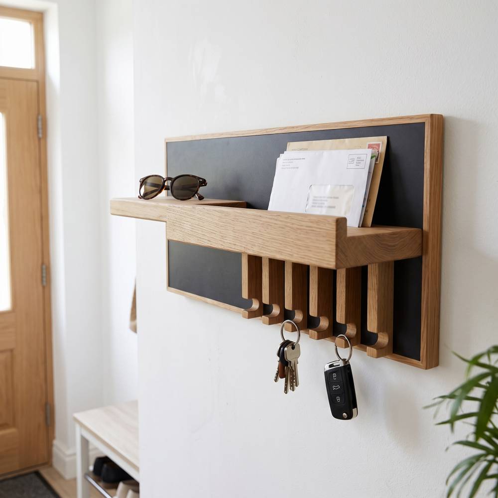 Schlüsselbrett aus Eiche mit Briefhalter & 7 Holz-Haken | Flur-Organizer mit Postablage | schwarzer Rückwand