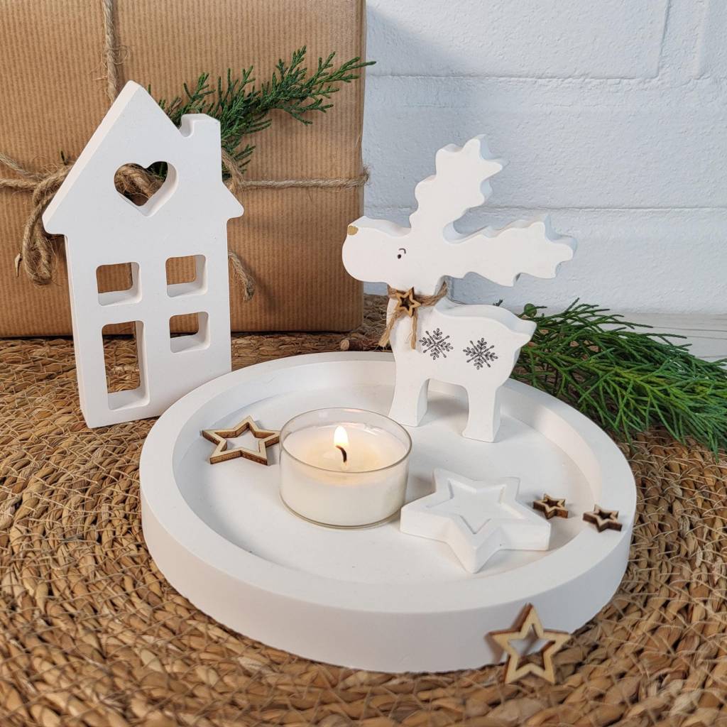 Weihnachtsdeko-4er Set / Elch,Teller,Stern mit Haus oder Baum / grau oder weiß / Geschenk / skandinavisches Design
