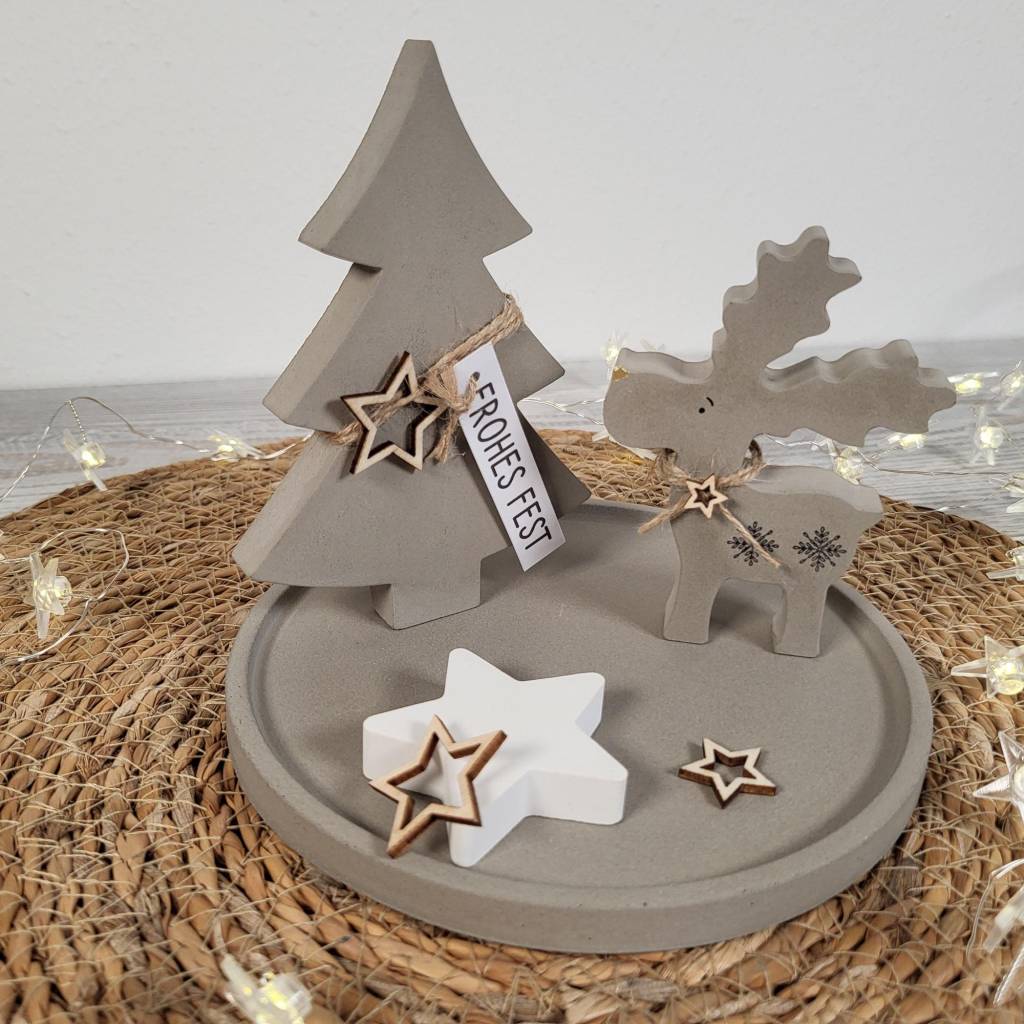 Weihnachtsdeko-4er Set / Elch,Teller,Stern / grau oder weiß / mit Baum oder Haus / Geschenk / skandinavisches Design