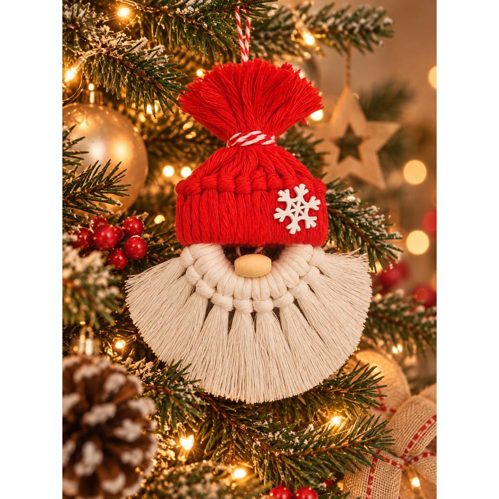 Makramee Weihnachtsmann Anhänger – Handgemachter Christbaumschmuck Rot Weiß– Weihnachtsdeko