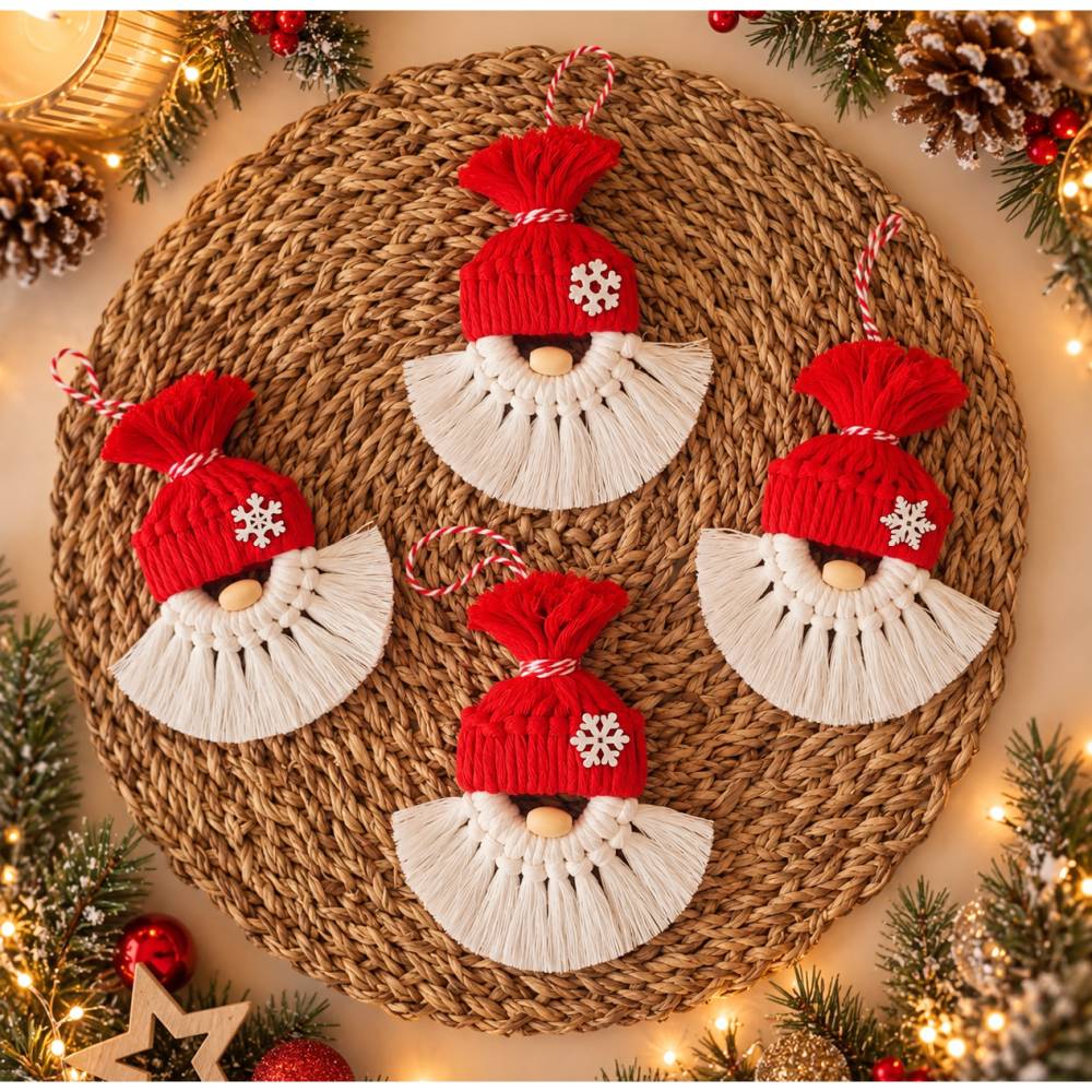 Makramee Weihnachtsmann Anhänger – Handgemachter Christbaumschmuck Rot Weiß– Weihnachtsdeko