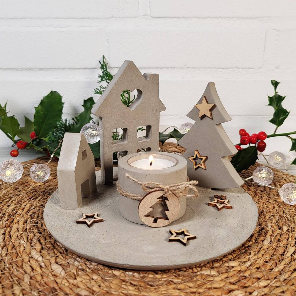 Weihnachtsdorf / grau oder weiß / Winterteelicht / Geschenk / moderne Deko / Weihnachtsgeschenk / Lichthäuser