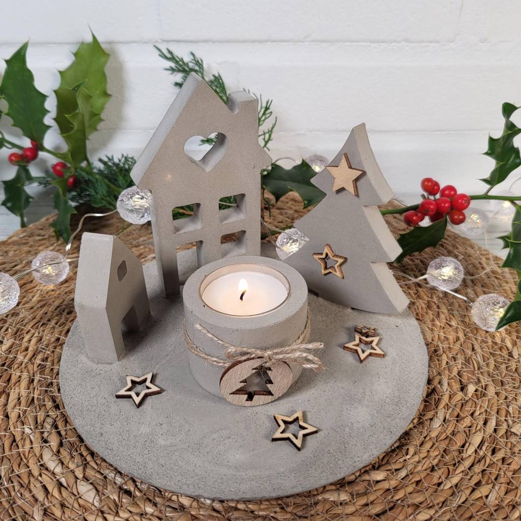 Weihnachtsdorf / grau oder weiß / Winterteelicht / Geschenk / moderne Deko / Weihnachtsgeschenk / Lichthäuser