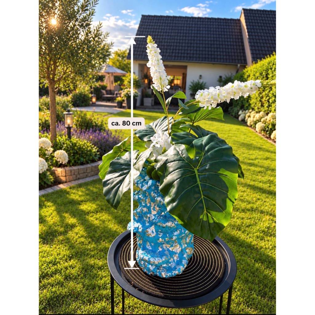 Handgemachte Blumendekoration mit Vase – große Tischdeko mit weißen Blüten – 80 cm – einzigartige Gartendeko, blau-silbe