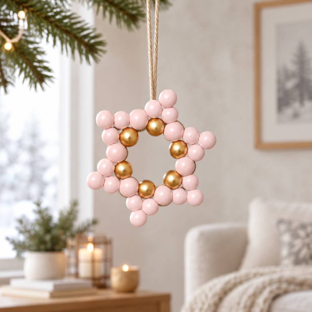 Set: Perlen‑Baum & Perlen‑Stern – Gold & Rosa – Handgefertigte Weihnachtsdeko